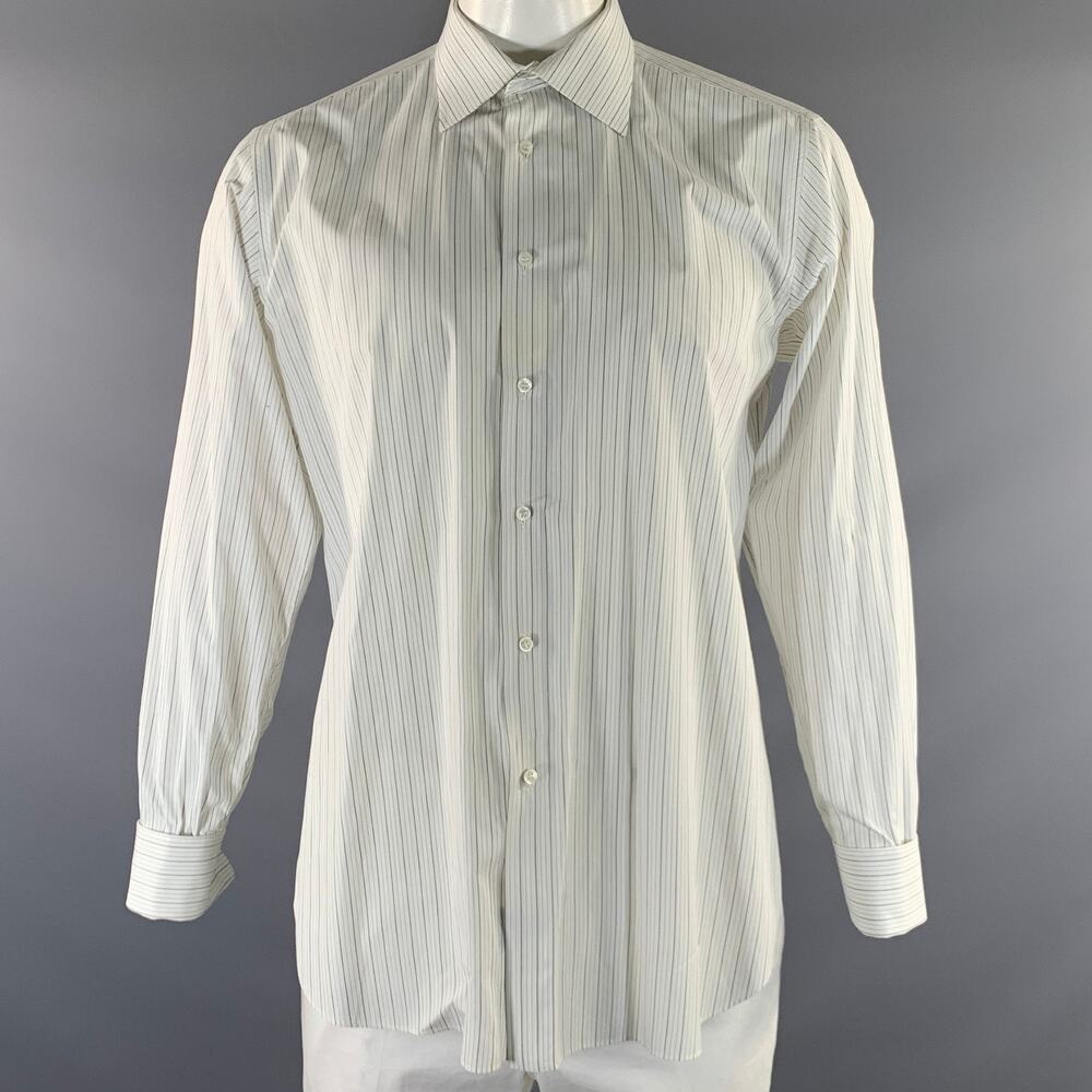 BRIONI Size XL White Black & Grey Stripe Cotton Button Up Long Sleeve Shirt